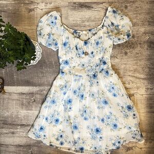 Blu Pepper White Dress with Blue Floral Print and Puff Sleeves